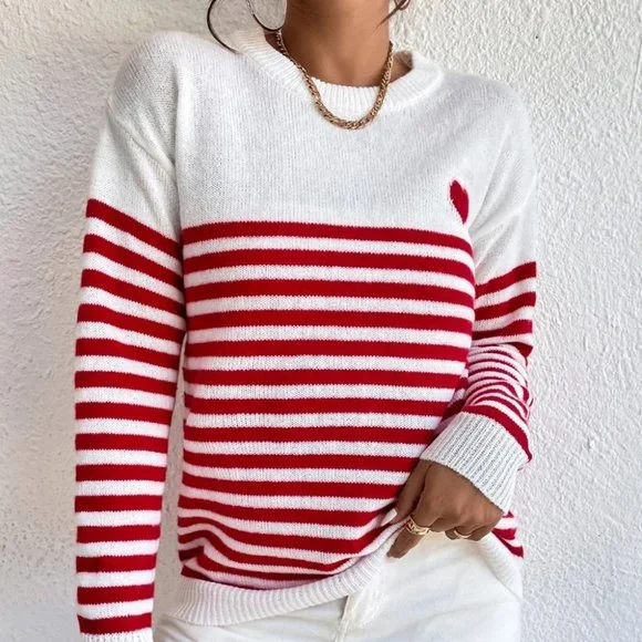 Preppy Womens Heart & Stripe Print Sweater Red And White - Picture 3 of 5